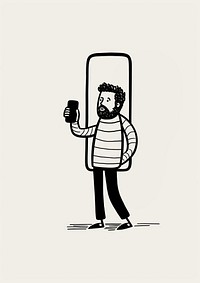 Man talking to a phone drawing cartoon camera.