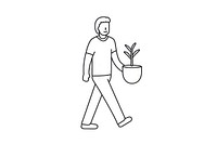 Man walking and holding potted plant drawing cartoon sketch.