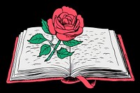 An open book with rose on the top publication cartoon drawing.