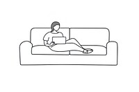 Woman working on her laptop on a couch drawing furniture sitting.