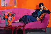 A woman sitting on sofa painting furniture adult.