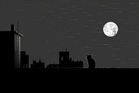 Litograph minimal sleepy cat night silhouette astronomy.