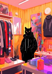 Simple abstract character in Risograph printing illustration minimal of a happy black cat enjoy shopping art representation architecture.