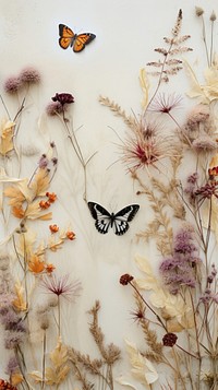 Real pressed butterfly and flowers animal insect plant.