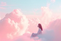 Photo of a girl sitting cloud sky outdoors.