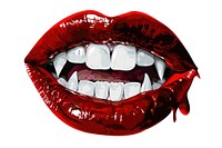 Sexy red vampire lip teeth with fangs lipstick white background cosmetics.