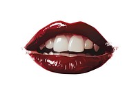 Sexy vampire lip teeth with fangs lipstick white background cosmetics.