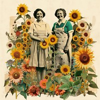 Collage of happy women farmers sunflower painting plant.