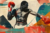 Paper collage of boxer punching sports boxing.