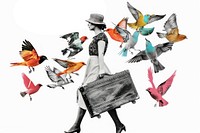 Paper collage of woman bird animal accessories.