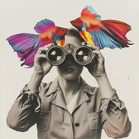 Woman holding binoculars portrait photo photography.