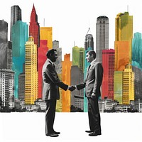 Paper collage of two businessmen skyscraper architecture metropolis.