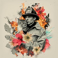 Firefighter holding a cat painting portrait collage.