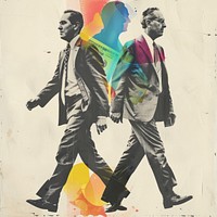 Paper collage of two businessmen walking painting poster.