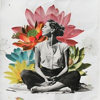 Paper collage of woman flower meditating painting.