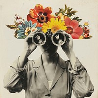 Woman holding binoculars flower plant photo.