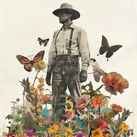 Paper collage of farmer nature butterfly outdoors.