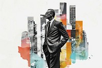Paper collage of businessman skyscraper poster adult.