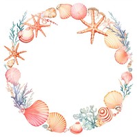 Coral and shells circle border pattern wreath white background.