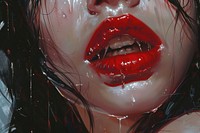 Beautiful vampire women mouth and teeth fang lip headshot.