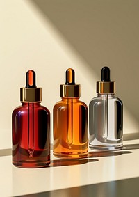 Surreal abstract style dropper bottles mockup cosmetics perfume glass.