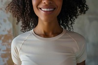 Woman wear sport spandex blank cream tshirt apparel adult smile.