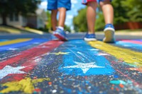 Kids chalk painting footwear outdoors road.
