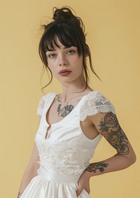 Minimal blank wedding dress fashion tattoo portrait.
