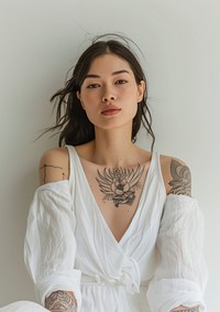 Minimal blank linen dress fashion tattoo portrait.