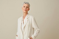 Woman wear blank cream casual suit portrait fashion apparel.