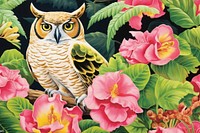 Realistic vintage drawing of owl flower nature animal.