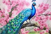 Realistic vintage drawing of peacock flower animal plant.