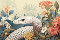 Realistic vintage drawing of snake reptile animal flower.