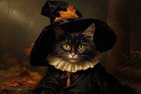 Cat wear witch hat halloween portrait painting.