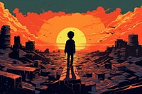 A kid standing over building ruins in the style of graphic novel outdoors cartoon poster.