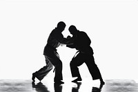 Two judokas fighters fighting men in silhouette sports adult white background.