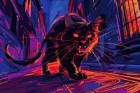 Angry black cat hissing at city street art cartoon mammal.