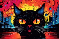 Angry black cat hissing at city street in the style of graphic novel graphics painting cartoon.