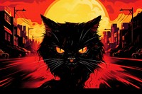 Angry black cat hissing at city street in the style of graphic novel cartoon mammal poster.