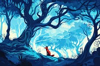 Beautiful mystical blue forest with enchanted trees and red fox on a hill in the style of graphic novel cartoon outdoors painting.