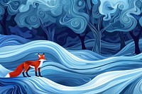 Beautiful mystical blue forest with enchanted trees and red fox on a hill in the style of graphic novel outdoors cartoon mammal.