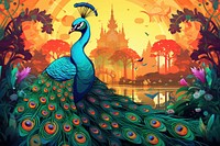 Beautiful Peacock in an Indian Garden in the style of graphic novel peacock painting cartoon.