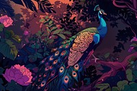 Beautiful Peacock in an Indian Garden in the style of graphic novel peacock cartoon plant.