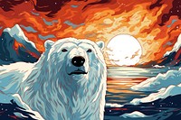 Below of polar bear with white fur and brown eyes looking at camera while standing against snowy landscape painting cartoon mammal.