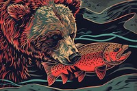 Brown bear with salmon in the style of graphic novel wildlife cartoon animal.