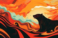 Brown bear with salmon in the style of graphic novel art painting graphics.