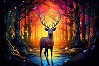 Glowing deer in forest in the style of graphic novel cartoon mammal representation.
