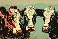 Group of cows at cowshed eating hay or fodder on dairy farm in the style of graphic novel livestock cartoon mammal.