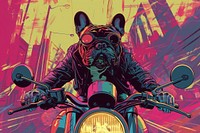 French Bulldog Riding Motorcycle at city in the style of graphic novel motorcycle bulldog vehicle.