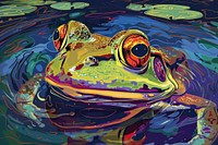 Frog in a pond in the style of graphic novel amphibian wildlife painting.